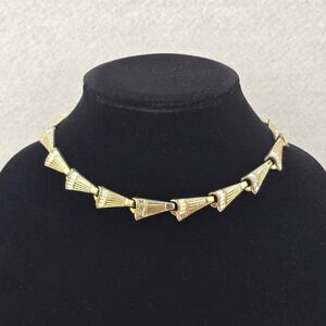 Vintage Trifari Gold Tone Choker Necklace Baguette Rhinestone Art Deco Fan 15in
